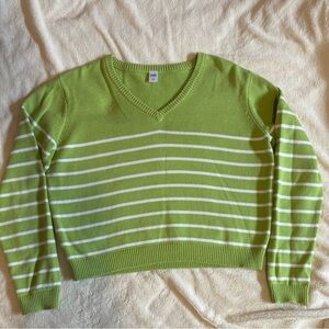 Green Striped V-Neck Women's Sweater